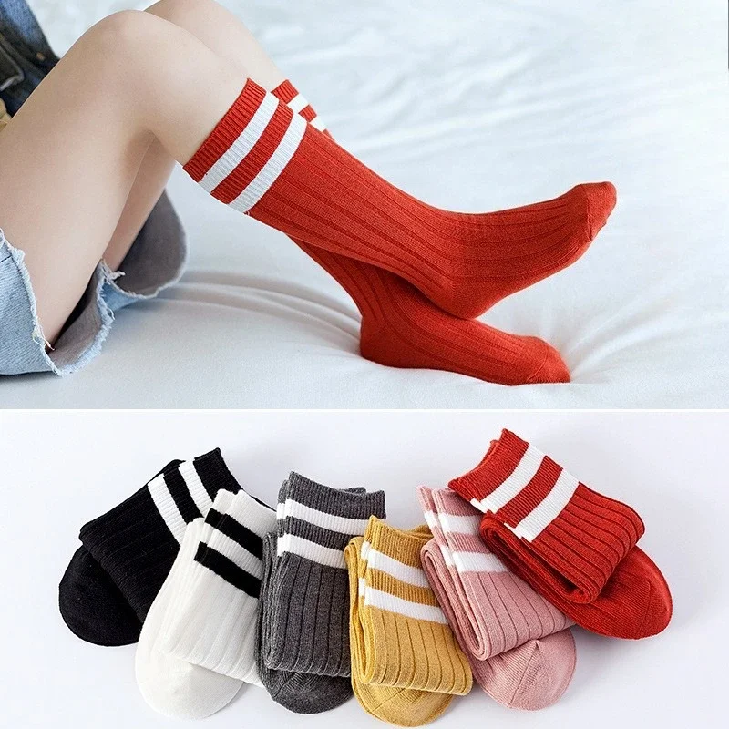 

Children Cotton Socks All Seasons Striped Korean Style School Mid Calf Socks Double Needle Baby Socks