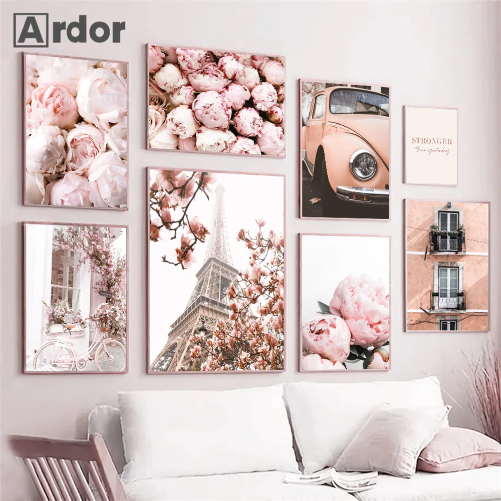 Window Pink Flower Bike Posters Paris Tower Canvas Painting Peony Wall Art Prints Nordic Poster Wall Pictures Living Room Decor
