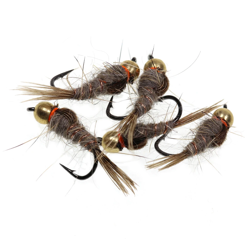 ICERIO 6PCS #14 Olive Grey Brass Bead Hare\'s Ear Nymph Trout Fishing Wet Fly Artifical Lure Bait
