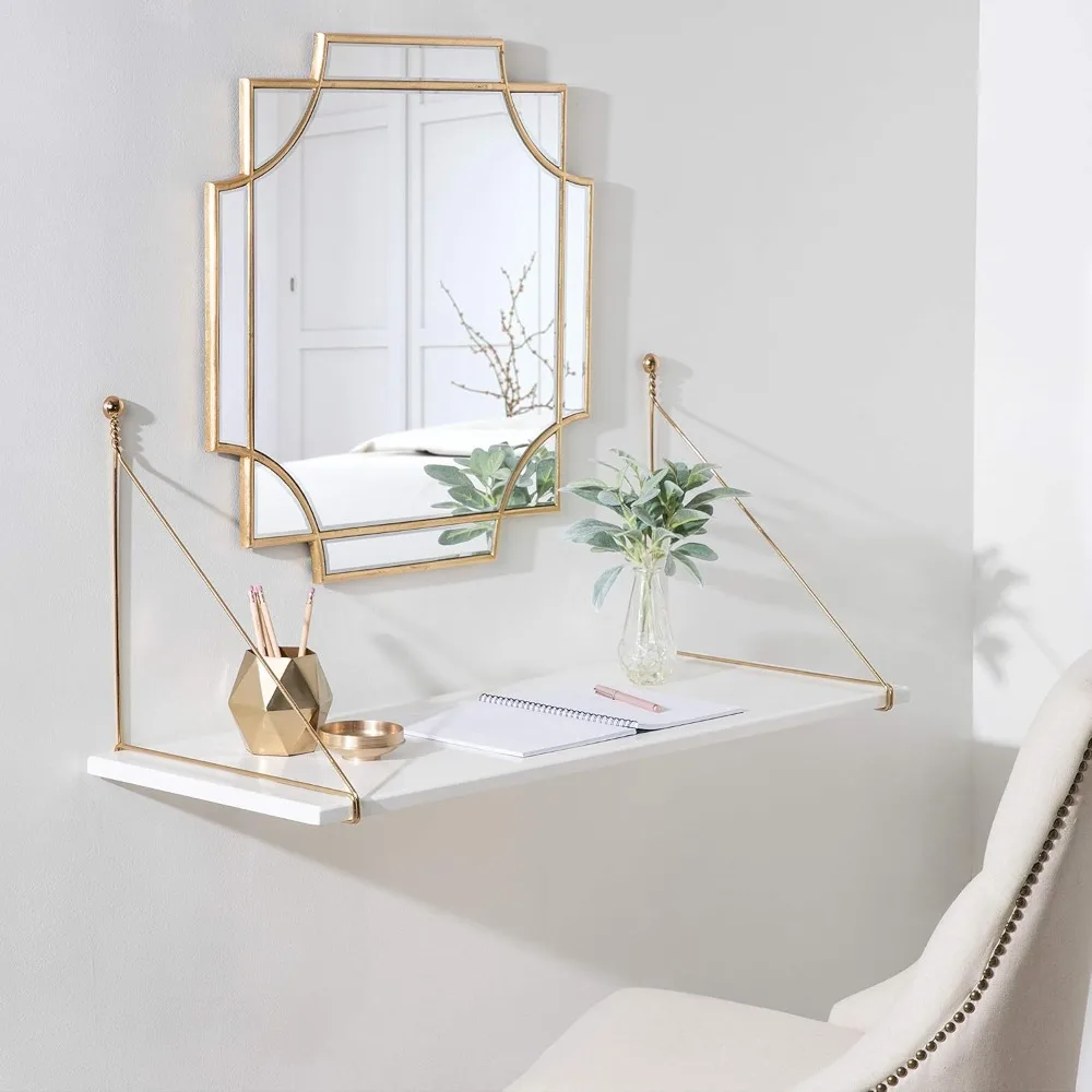 Vista Modern Wall Mounted Desk, 38 x 14 x 16, White and Gold, Glam Hanging Desk for Office and School