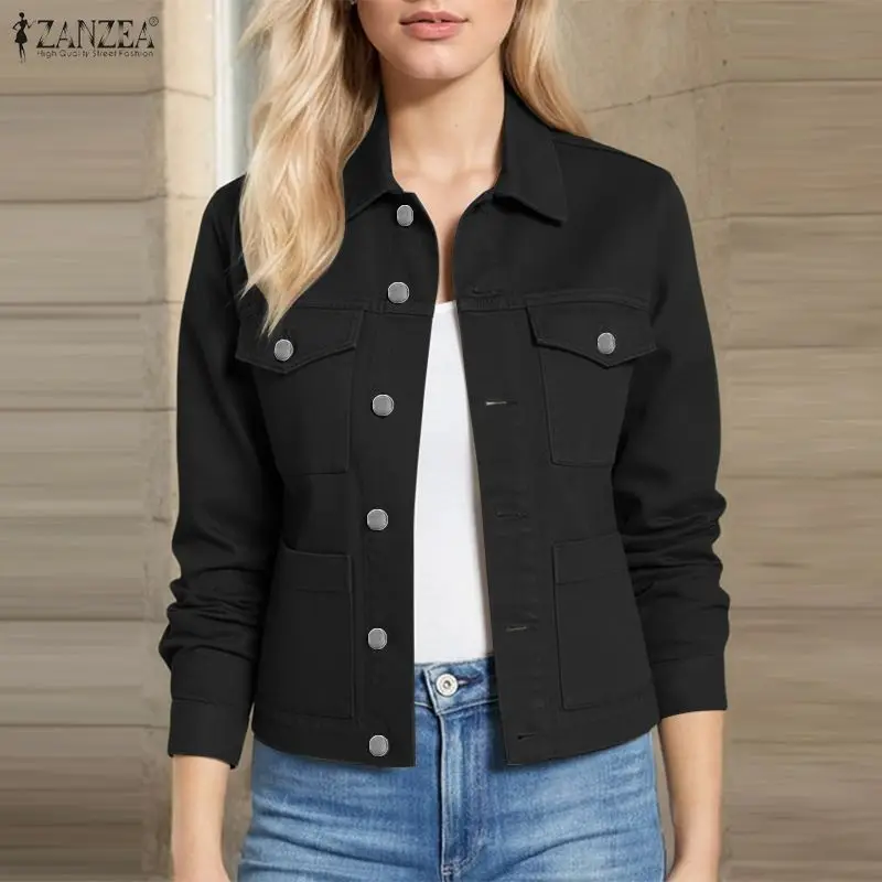 ZANZEA femmes automne chemises 2026 printemps revers cou à manches longues Blouse solide boutons haut Slim Fit mince manteaux vêtements d'extérieur de bureau