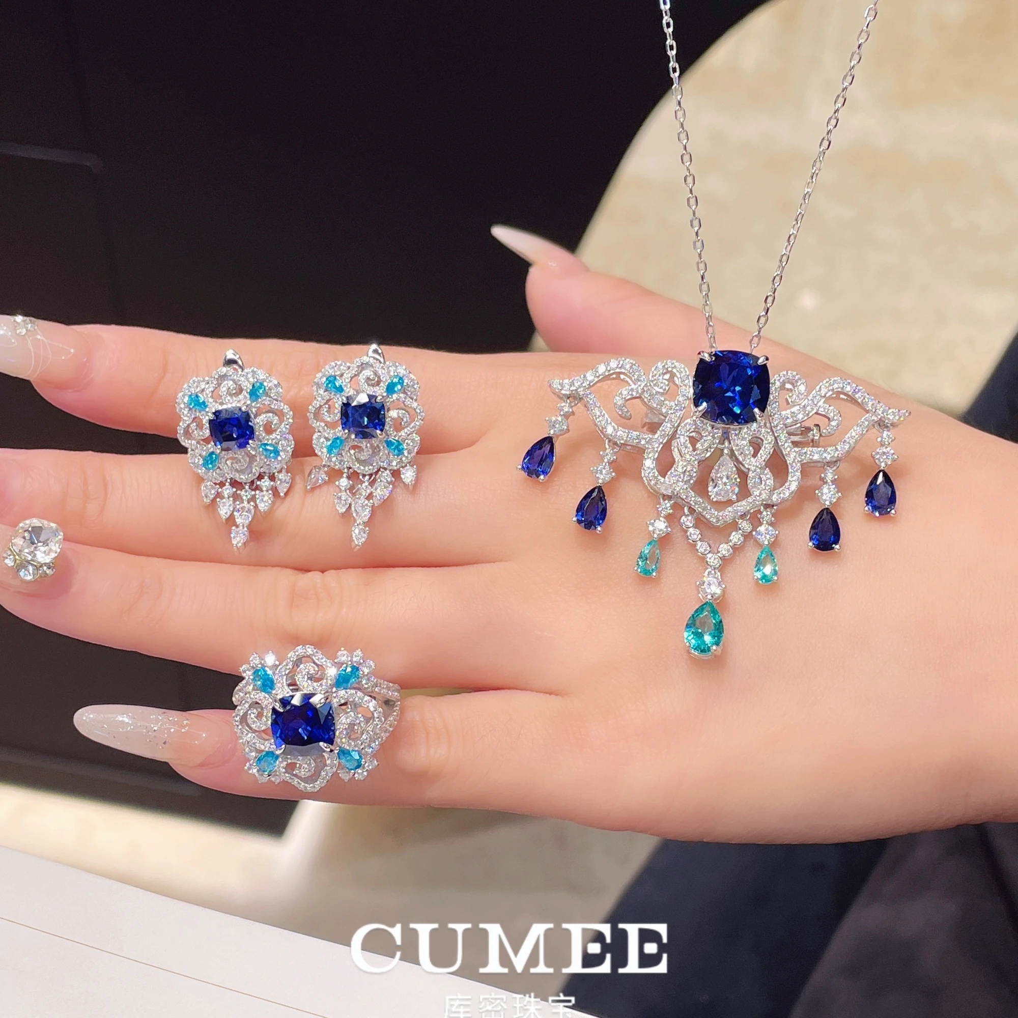 CUMEE النمط الصيني الجديد التصميم الأصلي زراعة الاصطناعية جوهرة مجموعة مجوهرات قلادة القرط الدائري. 925 فضة مطلية بالذهب