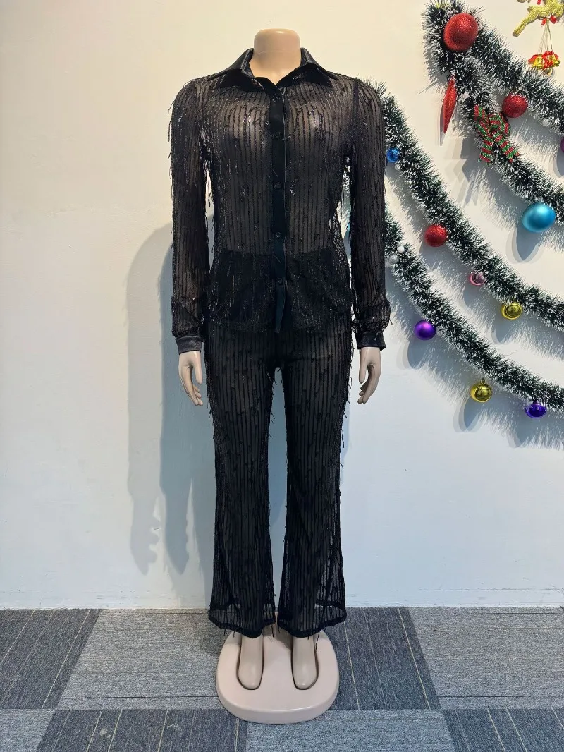 2024 Spring Sequins Tassel Mesh Two Piece Set Women Sexy See Through Long Sleeve Shirts Top Wide Leg Pants Fashion Party Suits