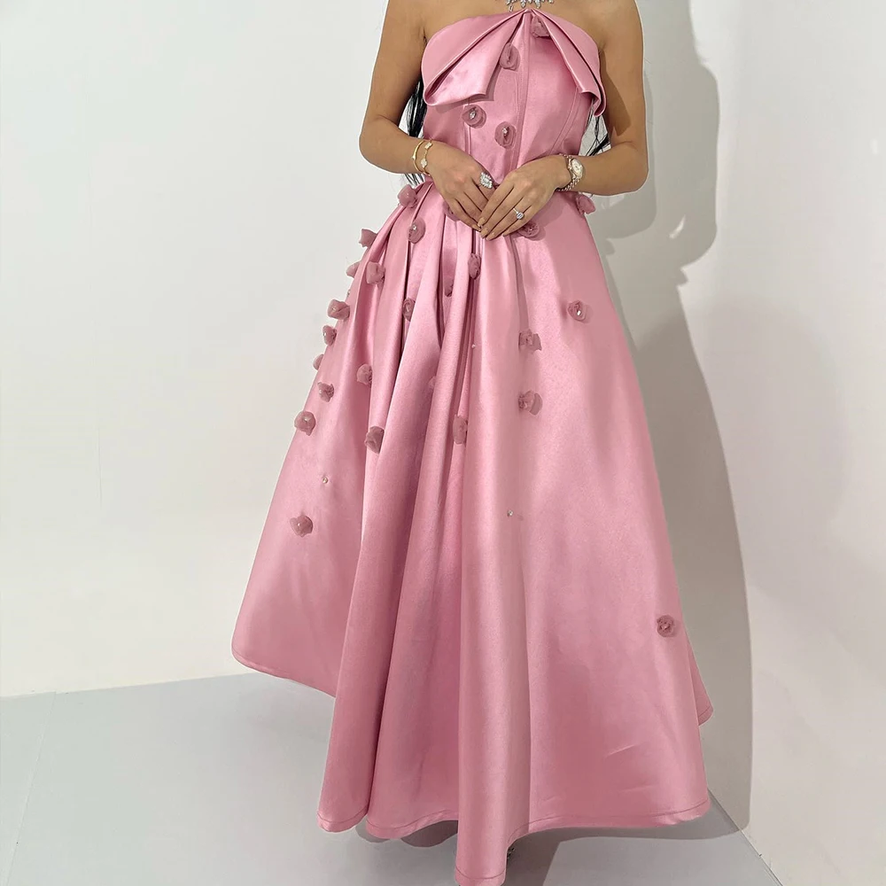 

Elegant Pink Satin 3D Flowers Beading Crystal Evening Dress Ankle Length Strapless Sleeveless A-Line Custom Made Celebrity Gowns