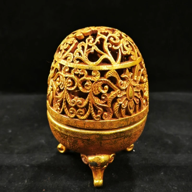 Antique Golden Three-legged Hollow Incense Burner Mini Desktop Incense Holder Home Decorations Crafts Ornaments