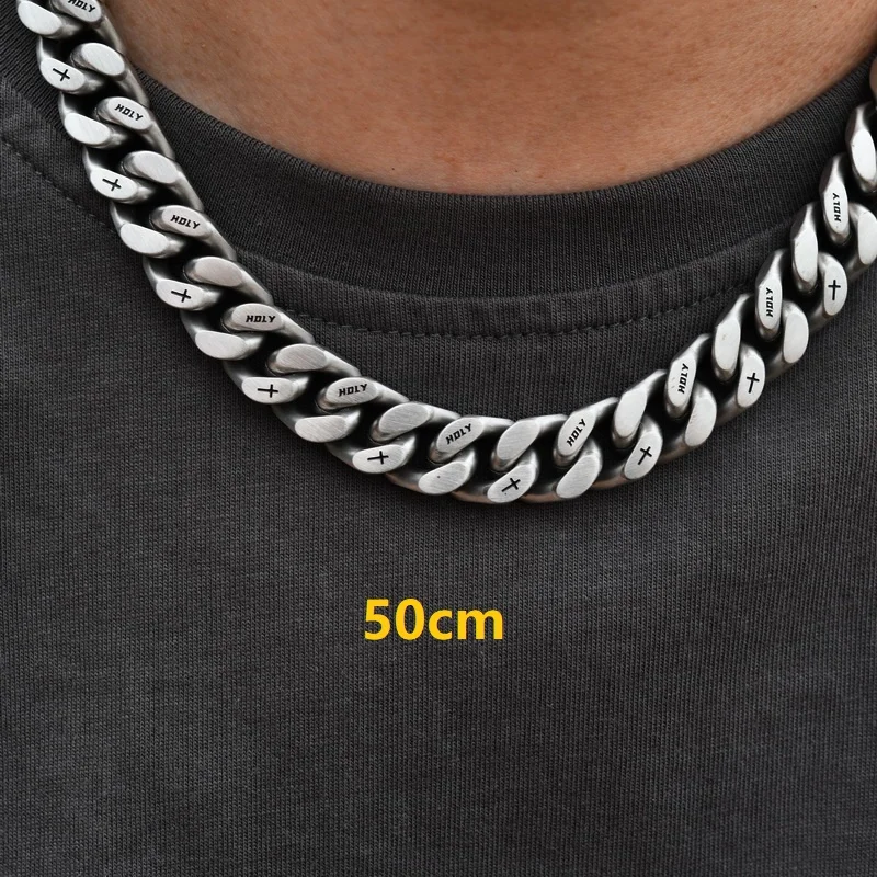 13mm Thick Cuban Link Men Necklace with Corss Matte Black Logo Chain Hip Hop Stainless Steel Necklace Bracelet for Man