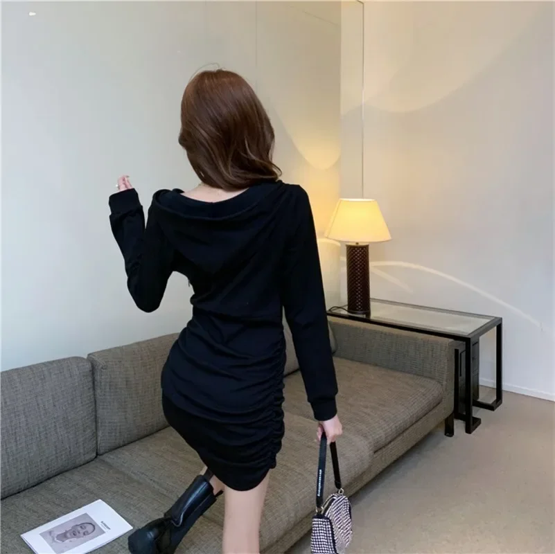 

Hooded Drawstring Mini Dress Women Bodycon Black Zip Short Dresses Y2k Korean Autumn Vestidos De Fiesta Hip-hop Elegant Robe 원피스