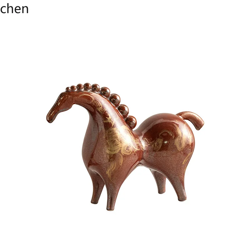 CZ Gold-Plated Red Horse Ceramic Decoration for Living Room Wine Cabinet Desktop High-End Craft