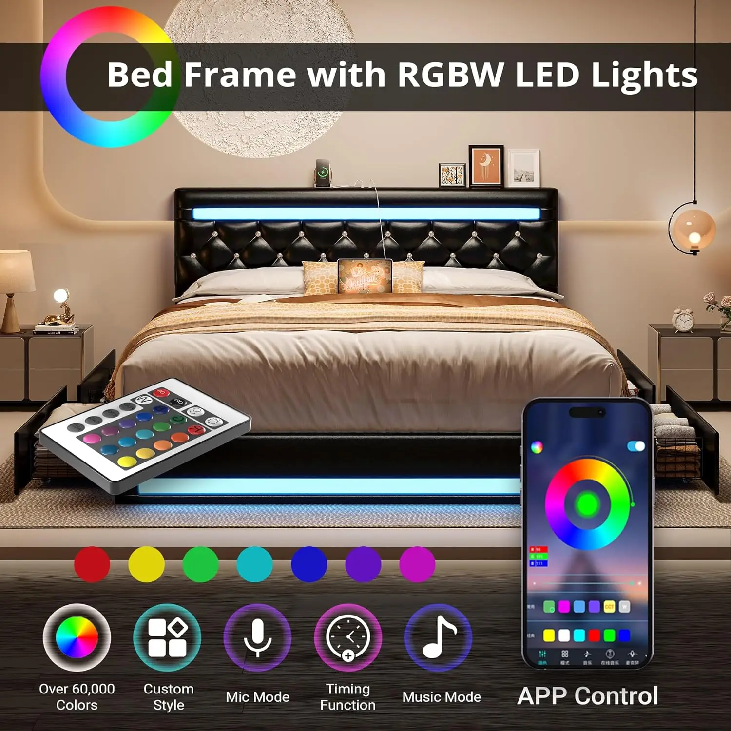 Full Size Bed Frame Met Led Licht, Pu Lederen Platform Bed Frame Met 4 Laden, Verstelbare Kristallen Knop Getufte Hoofdeinde, Zwart