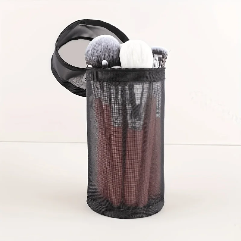 New mesh storage bag, portable zippered pen case for travel, simple and large-capacity brush bucket
