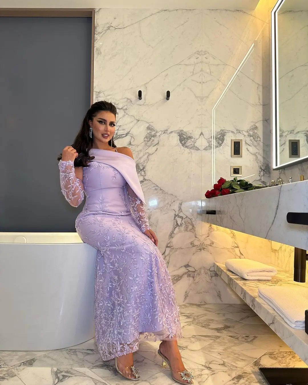 Off Shoulder Lilac Luxury Evening Dresses Beads Appliques Oversleeve Prom Dresses 2023 New Ankle-Length Formal Occasion Dresses