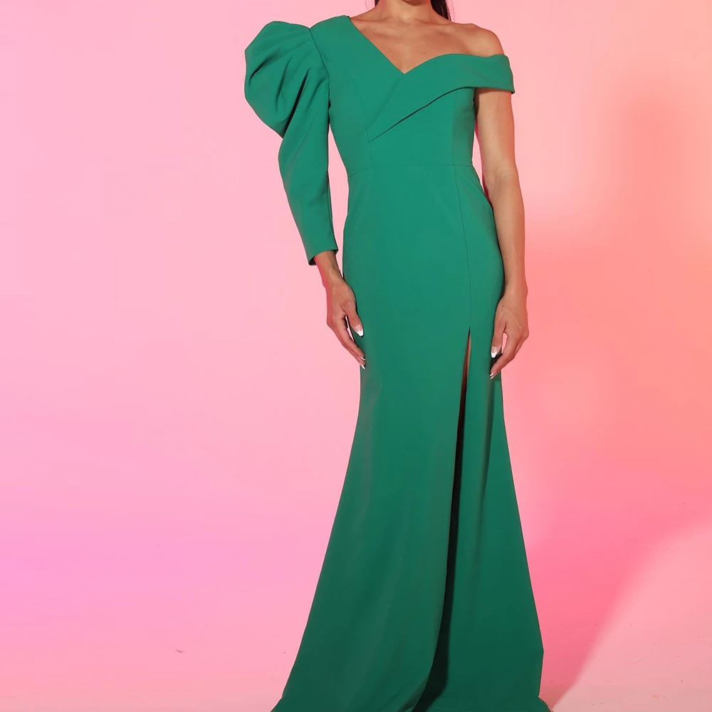 Customized Sexy Jersey A-Line Side Slit Off the Shoulder Evening Dress High Quality Floor Length Long Sleeves Custom Made