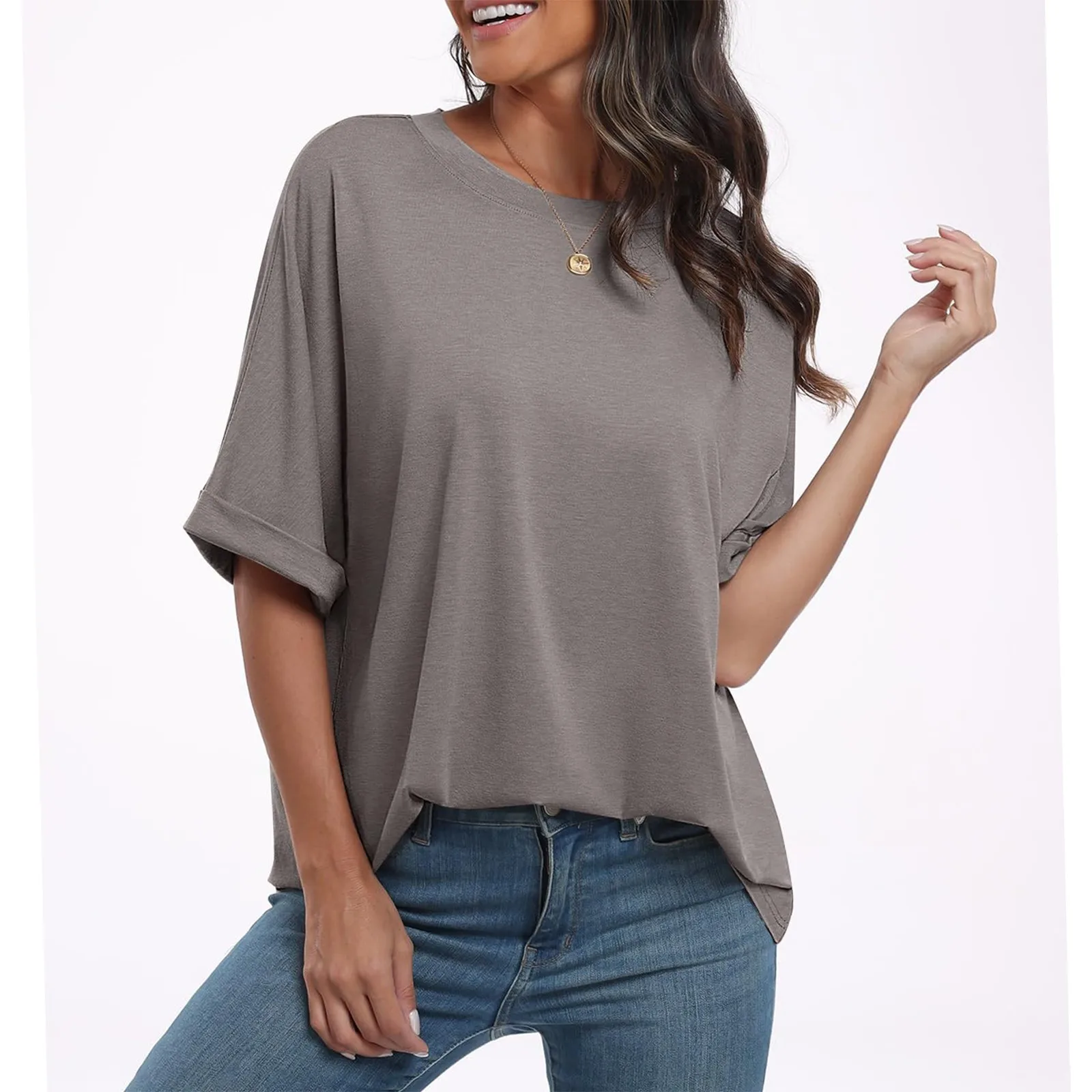 Summer T-Shirt Women'S Solid Color Loose Oversized Top With A Quarter Sleeved R Neck And Shoulder Length Short Sleeved T-Shirt