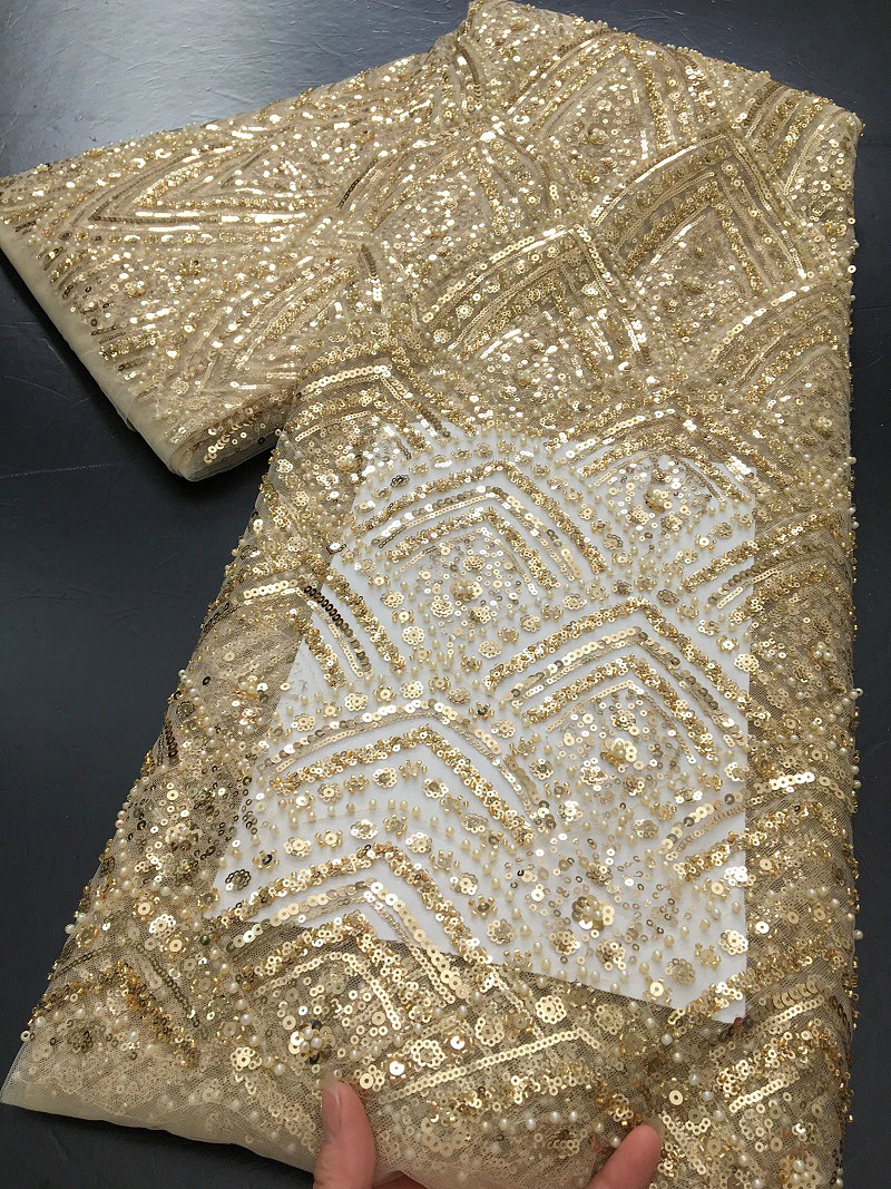 

French Mesh Lace 2025 Rhinestone Beaded Fabric Newest Nigerian Lace Fabric Sequins for Sewing Party Women Dress,2.5yards 4376