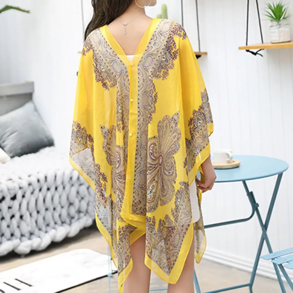 2025 feminino chiffon praia cobrir túnica vestido xale impressão biquíni maiô resort wear banho solto