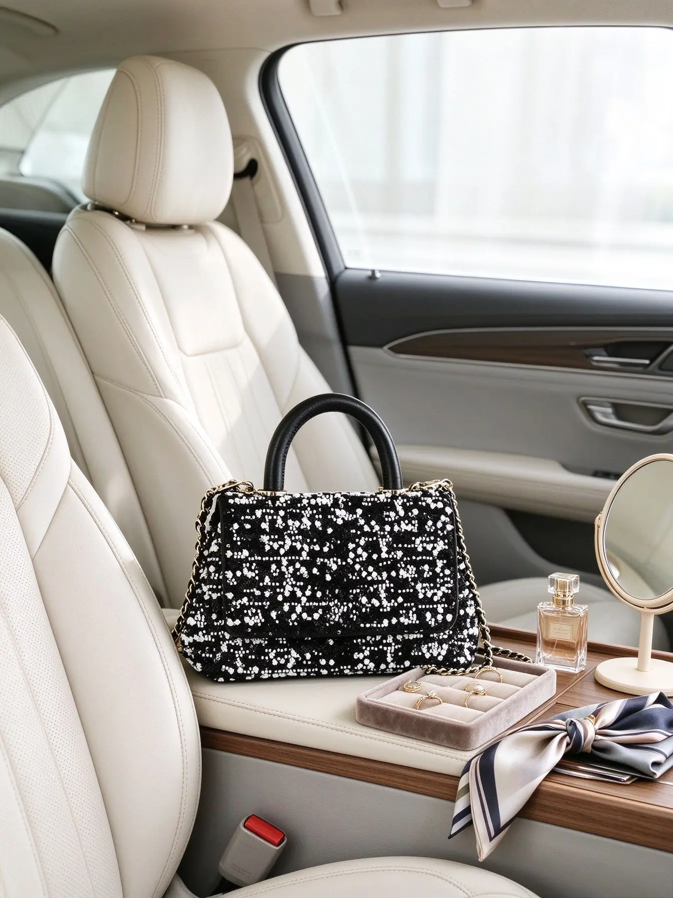 Elegant Black White Beaded Tweed Crossbody Bag For Women Round Top Handle Flap Chain Handbag