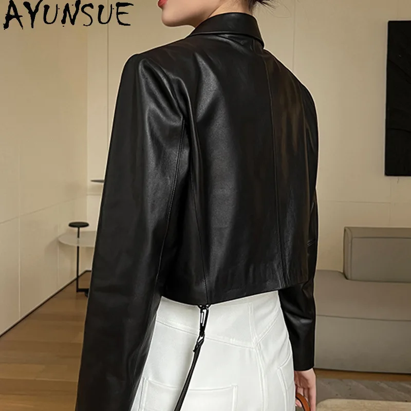 AYUNAUE 本革ジャケット女性服春秋シープスキンコートショートスタイルレザーコート女性 Jaqueta デ Couro