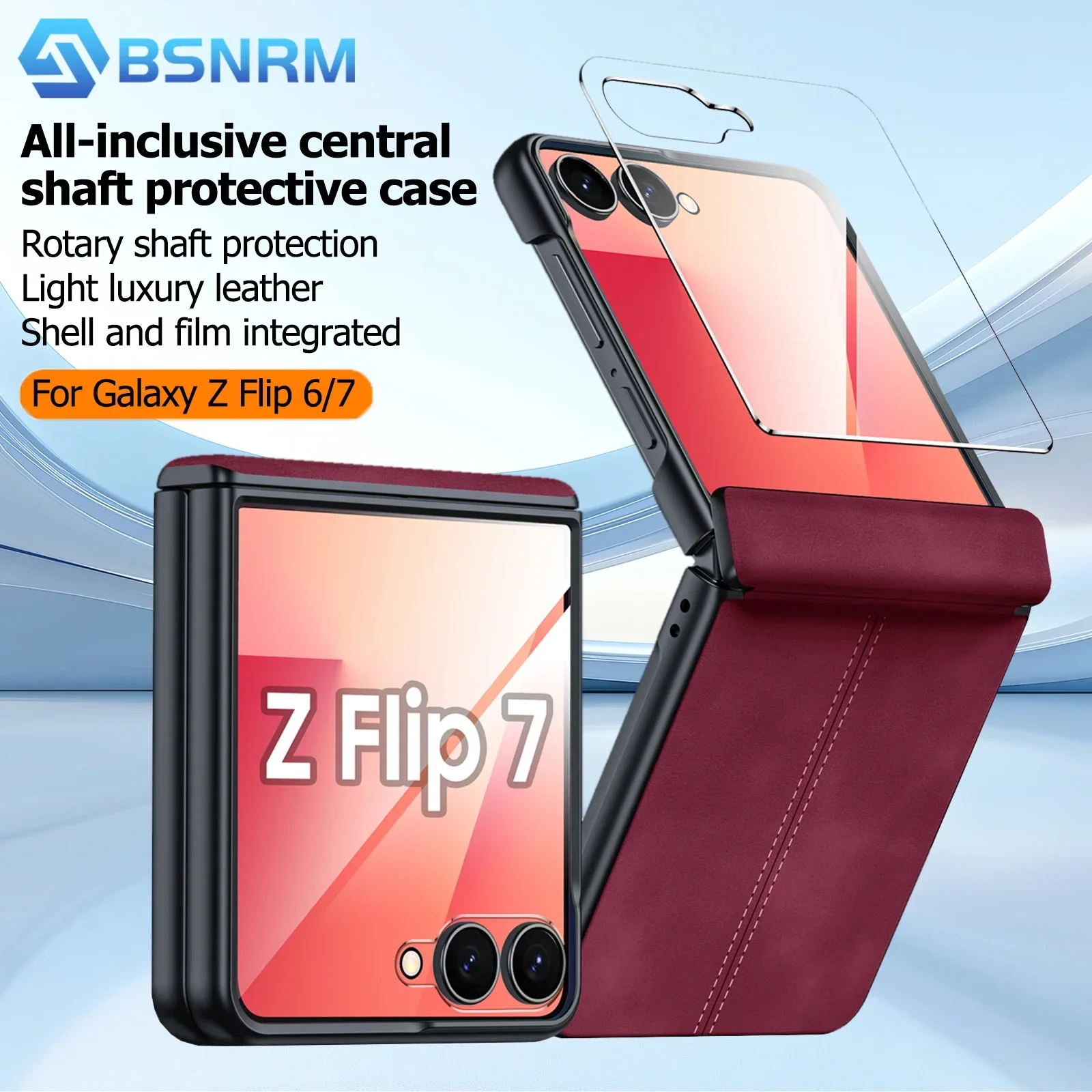 

for Galaxy Z Flip 6/7/7FE Case Built-in Screen Protector,Hinge Protection,Ultra Thin PU Leather Matte PC Phone Case-Red