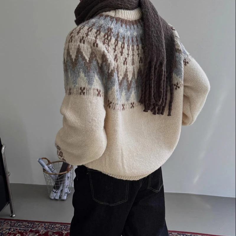 Autumn Winter Fair Island Men's Christmas Sweater Knitwear Vintage Long Sleeve Crew Neck Pullover Geometric Pattern Sweater Male