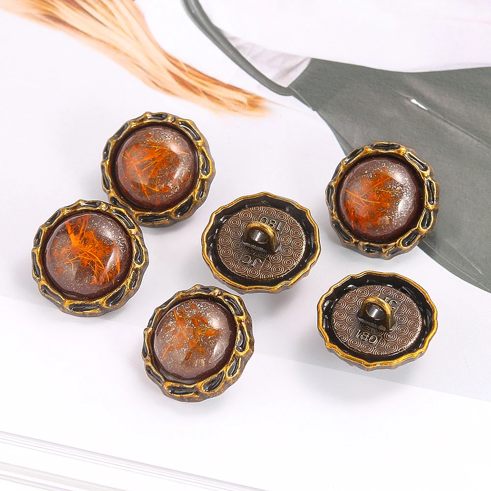 5pcs Vintage Preserved Flower Buttons Coat Shirt Cufflink Metal Goldleaf Shank Buttons for Garment Fastener Accessory Sew Crafts