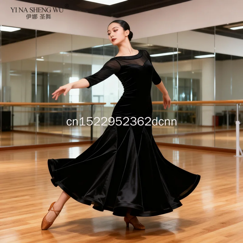 여성용 표준 볼룸 댄스 드레스 고급 버건디 왈츠 댄스복 성인용 긴 소매 볼룸 대회용 댄스 드레스