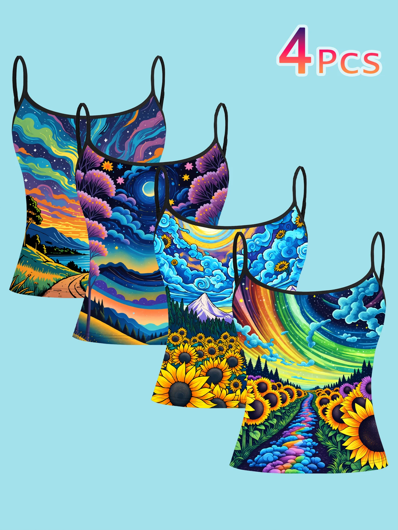 4-Piece Set of Van Gogh-Style Starry Sky Landscape Printed Camisoles, Sunflower Rainbow Mountain Landscape Oil Painting Spaghetti Strap Sleeveless Tops, Artistic Painted Slim-Fit Inner and Outer Wear Vest Set