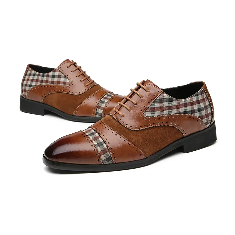 Men\'s Brogue Shoes Brown Black Patchwork Fabric Business Lace-up Breathable Dress Shoes Men Casual Shoes