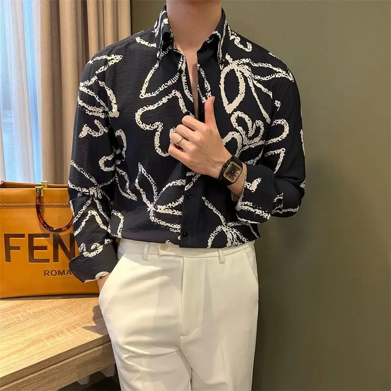 Trendy and Versatile Long-sleeved Printed Thin Shirt New Casual Fashion Men's