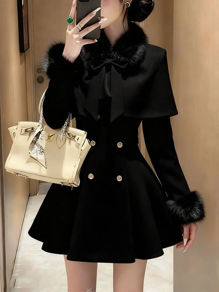 French Elegant Princess 2 Piece Set Women Winter Fur Trim Bow Cape Coat + Slim Fit A Line Dress Party Date Night Outfit 2026 New
