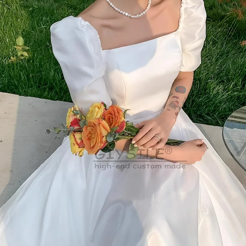 

GIYSILE customized White square collar short sleeve light wedding dress new simple temperament dress princess wind strap back