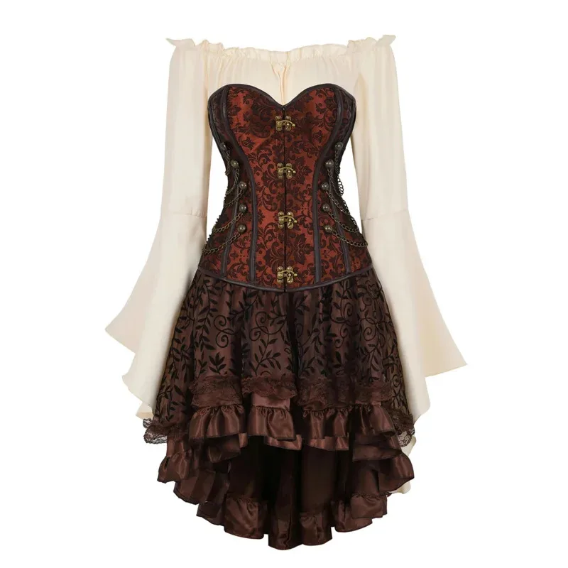 فستان مشد Steampunk للنساء مشد من الجلد الصناعي القوطي مع تنورة بلوزة من القرون الوسطى بالإضافة إلى حجم فستان زي القراصنة البني