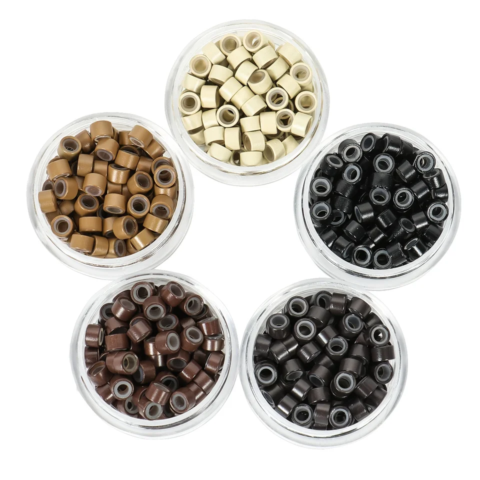 500 piezas de tubos de anillo de micro enlace de silicona de 5mm*3mm*3mm para extensiones de cabello, cuentas forradas, herramientas de salón, 5 colores 2