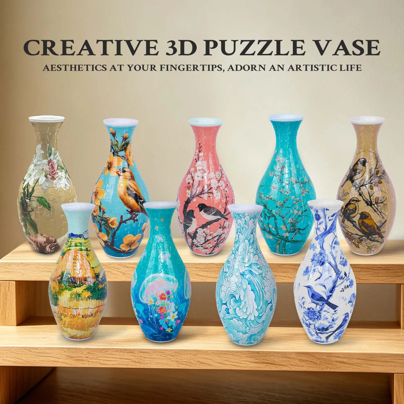 3D Puzzle Vase 160 Pieces DIY Assembly Jigsaw Vase No Glue Required Van Gogh Ocean Wave Pattern Flower Vase DIY Home Decor DIY