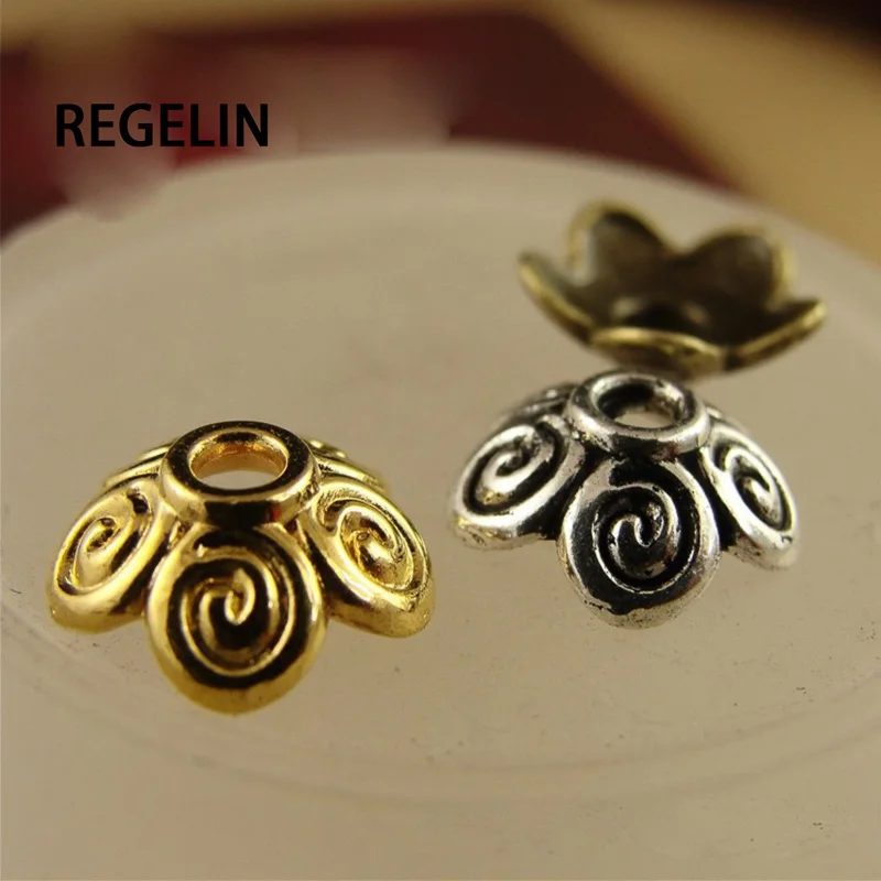 REGELIN 10mm Three colors Tone Flower End Caps Metal Filigree Charm Spacer Beads for DIY Jewelry Findings 50pcs/lot
