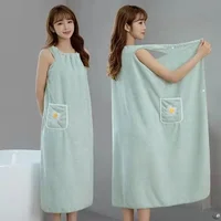 Women Wearable Bath Wrap Towel Absorbent Polyester Long Washable Bathroom Bathrobe 2