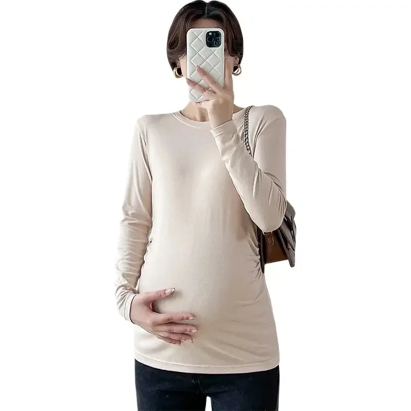 

2024 Autumn Maternity Modal T-shirt Stretched Pregnant Woman Basic Shirts Solid Color O-neck Slim Pregnancy Tops Knitting Tees