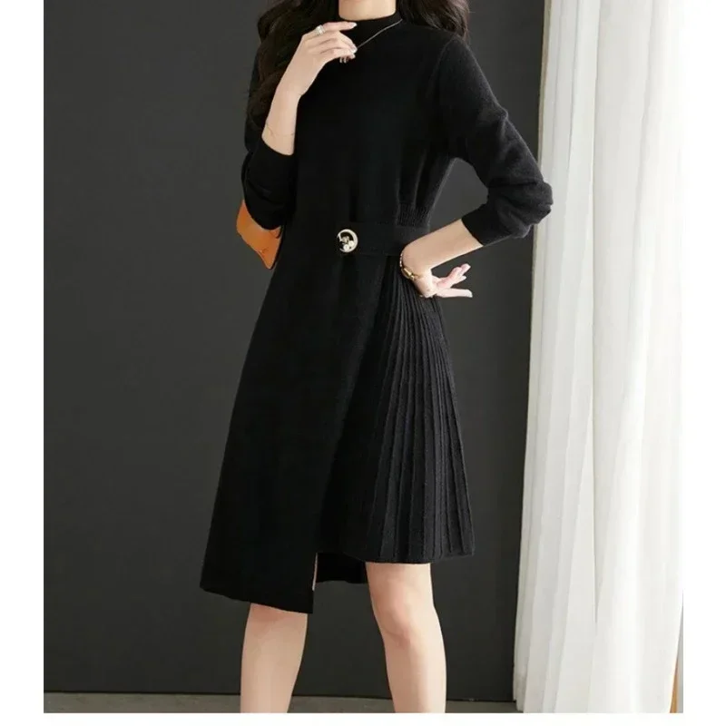 2024 New Semi High Neck Elegant Woolen Dress for Women's Autumn and Winter New Look Slim, Medium Long Base Knitted Dress
