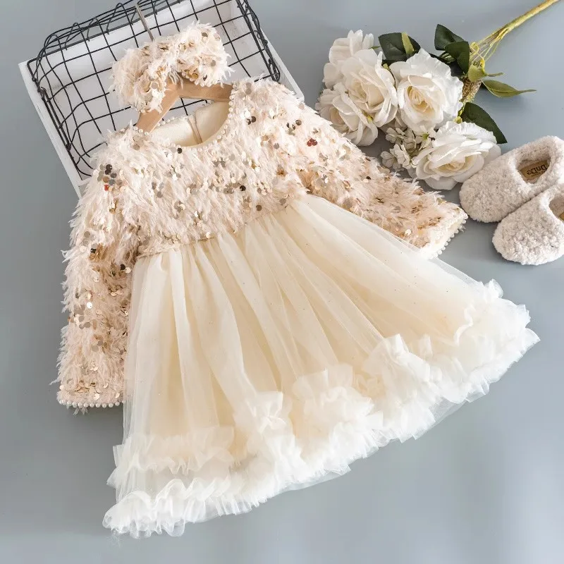 Winter New Girl\'s Dresses 2024 With Tassels Sequins Studded Beads Plush And Thickened Princess Dress Birthday Dress With Bow