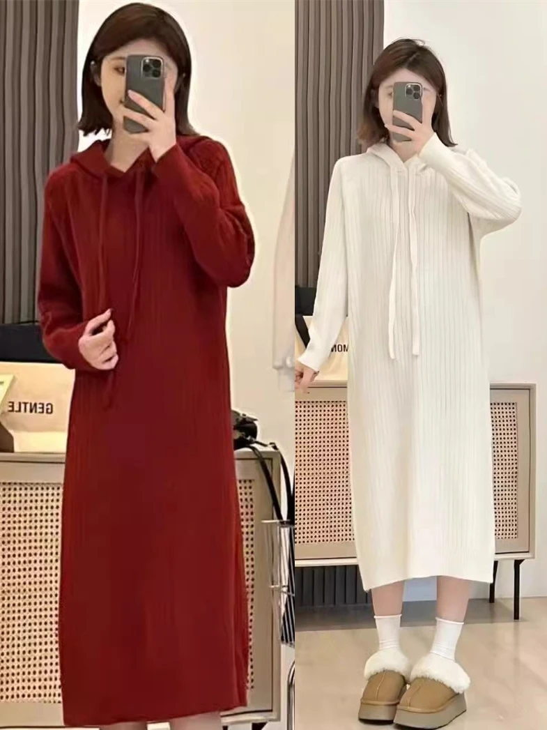 

Hooded Knitted Sweater Dr Autumn Winter Sle Women's Inner Wear Base Layer Long over Knee Coat Matched Long Sve Hoodie