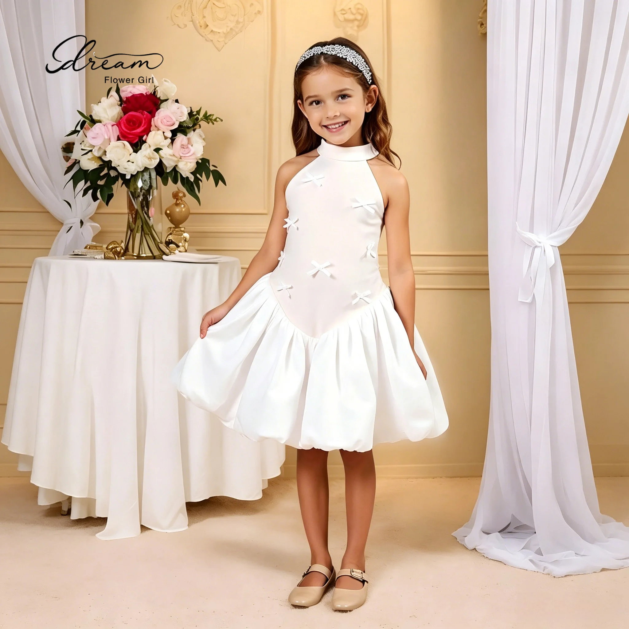 Girls' formal party dress white halter-neck strapless sleeveless puffy short skirt with bow decoration