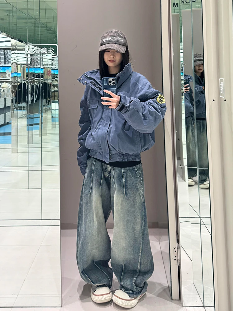 

Spring Autumn Blue Stand Collar Jaet Men's Baseball Sle ort Coat American Trendy Pilot ape Loose Fit Breathable