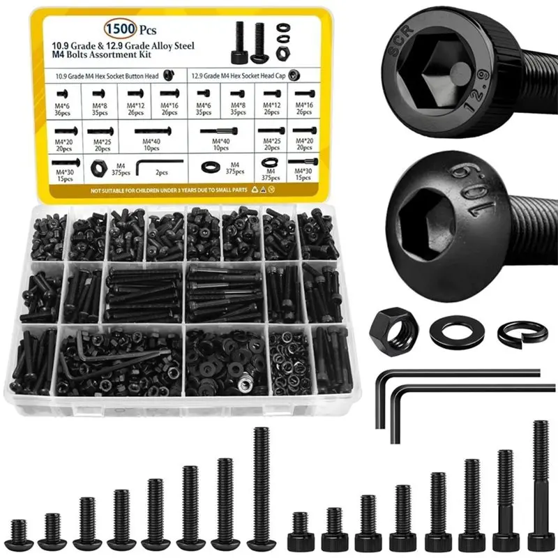 EYFL-1500PCS Screws With Nuts Assortment Kit, Hex Socket Button & Cap Head Bolts Nut And Washers Set For 3D Printer