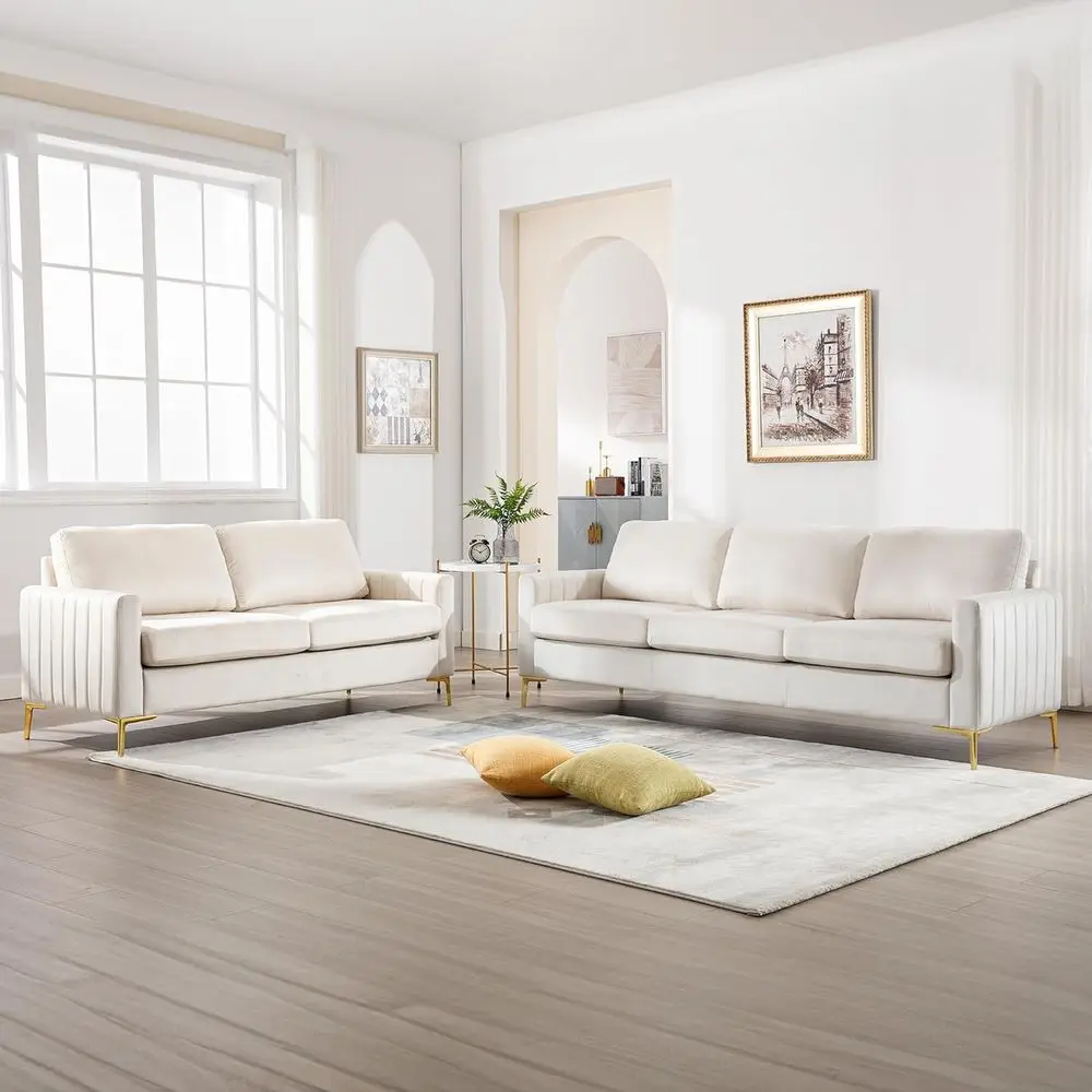 

Велюровый комплект из двух предметов: диван и кушетка с золотыми ножками для гостиной, спальни или офиса (бежевый)