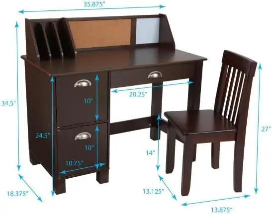 Scrivania da studio in legno KidKraft con sedia-Espresso, cassetti, portaoggetti Extra, maniglie, bacheca, robusta, solida, taglia bambino