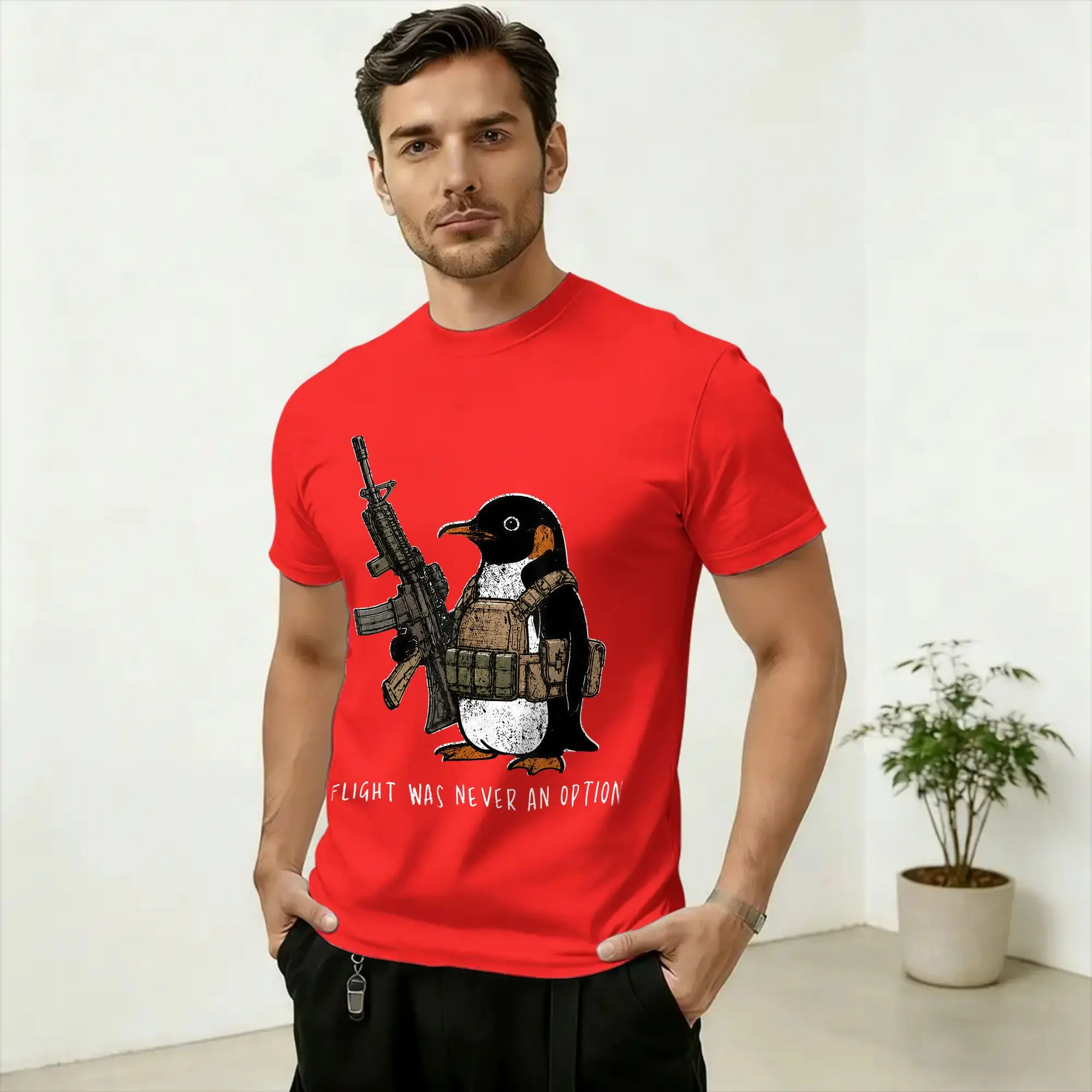 Flight was Never an Option Tactical Penguin Funny Bird Meme T Shirt Men Cotton Novelty T-Shirts Crew Neck Tees Clothing Printed