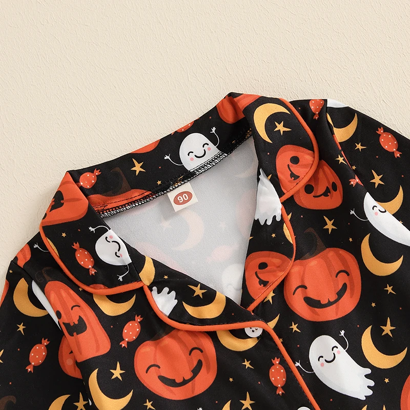 Kids Halloween Pajama Sets Lapel Neck Button-up Tops Long Pants Pumpkin Ghost Print Loungewear Set