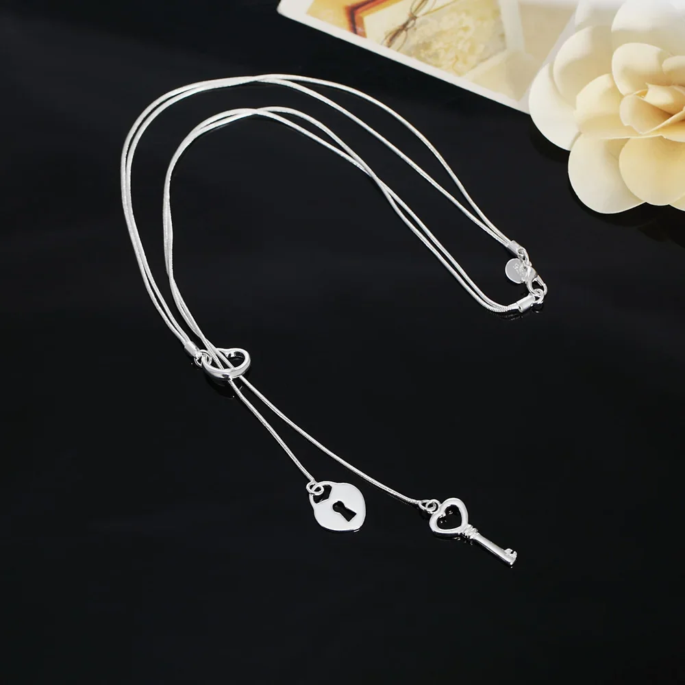 

Fine 925 Sterling Silver Romantic Heart Lock Key Necklace for Women Fashion Luxury Wedding Party Jewelry Christmas Gifts