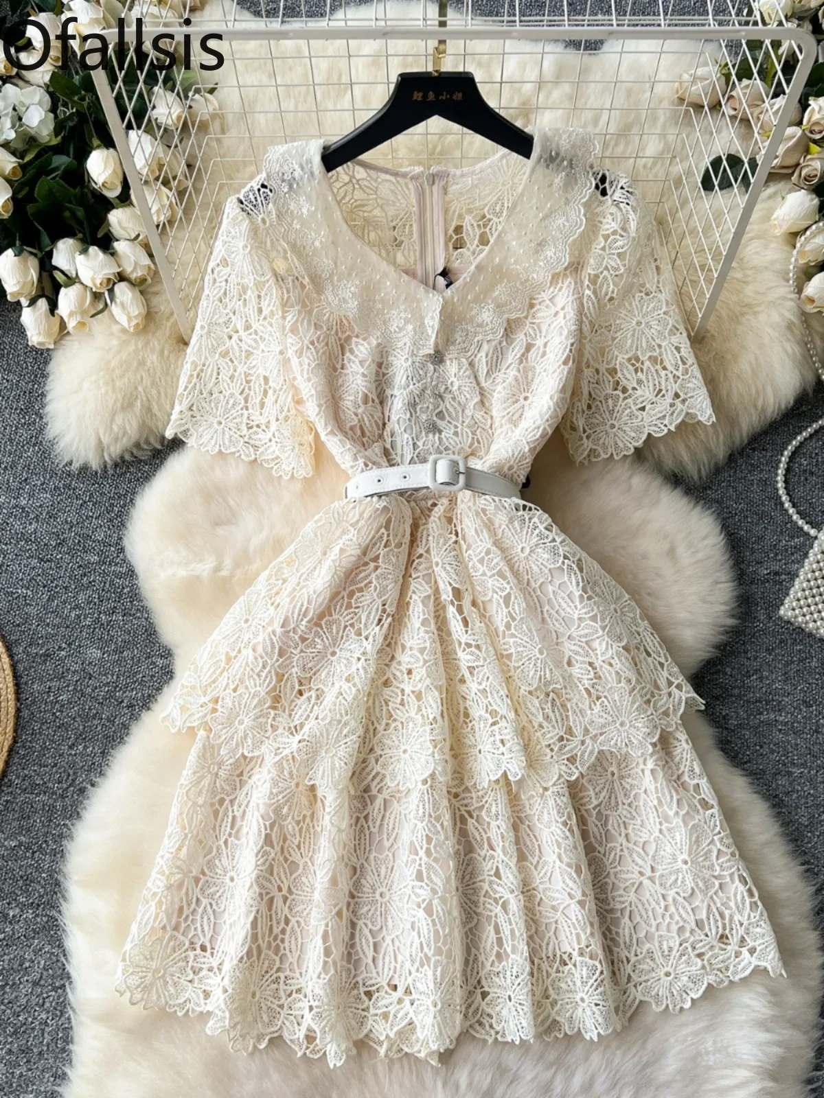 Ofallsis French Style V neck Lace Dress 2024 Summer New Sweet Doll Collar Short Sleeved Waist Cinching Slimm Embroidered Dresses