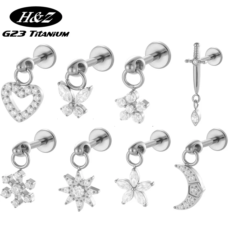 

1PC G23 Titanium Piercing Ear Stud Flatback Internal Thread Lip Nail CZ Flower Pendant Cartilage Tragus Stud Labret Jewelry 16G