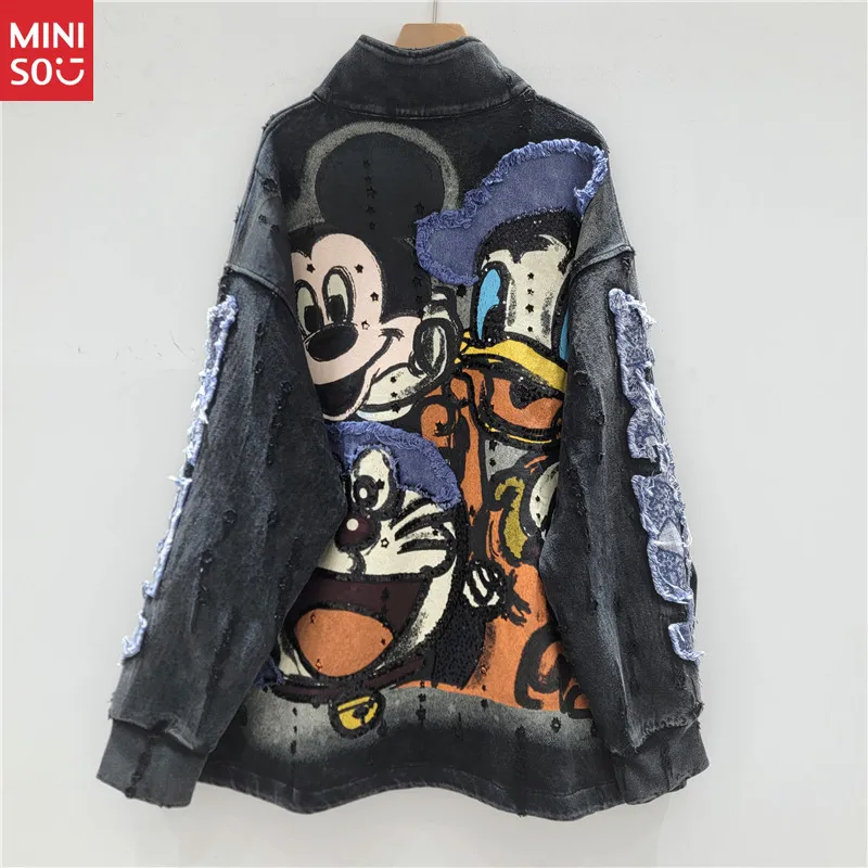 

Disney 2025 Autumn Hoodie, Oversized Stand Collar Distressed Sweatshirt